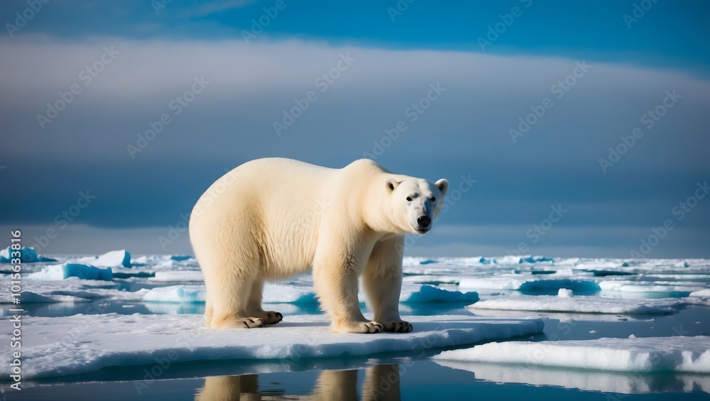 Polar bear on the blue ice. Bear on drifting ice with snow, white animals in nature habitat. At the poles with ice floes that are starting to melt due to global warming.