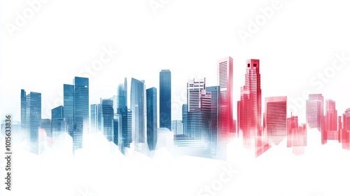 A panoramic view of a modern city skyline with tall buildings in shades of blue and red.