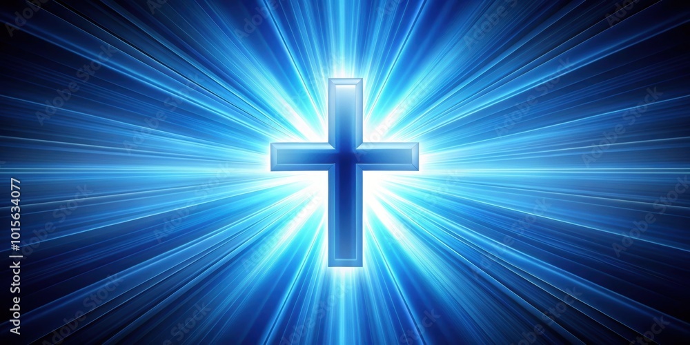 Cross symbol rendered with glowing blue rays in background, cross, symbol, render, blue, glowing, rays, abstract