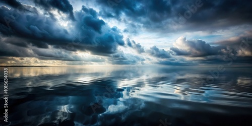 Dark, moody water surface reflecting the sky, gloomy, ominous, mysterious, reflective, murky, deep, tranquil, eerie, still