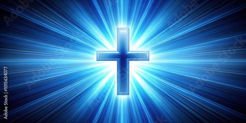 Cross symbol rendered with glowing blue rays in background, cross, symbol, render, blue, glowing, rays, abstract