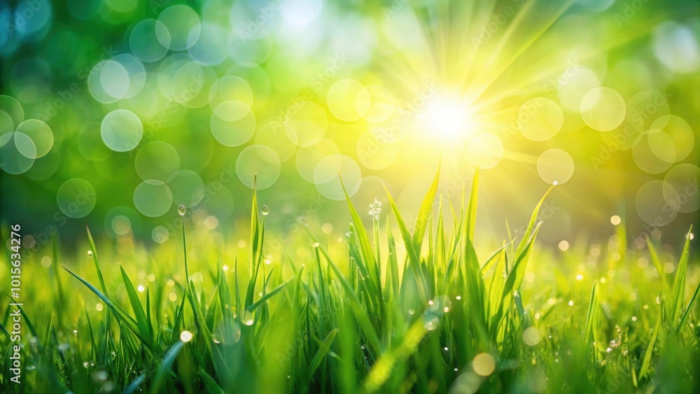 Fototapeta premium Natural grass background with blurred bokeh and sun , nature, green, grass, sun, outdoors, bokeh, blurred, background
