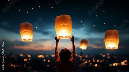 Hands Releasing a Lantern into the Twilight Sky with Lanterns Floating in the Distance