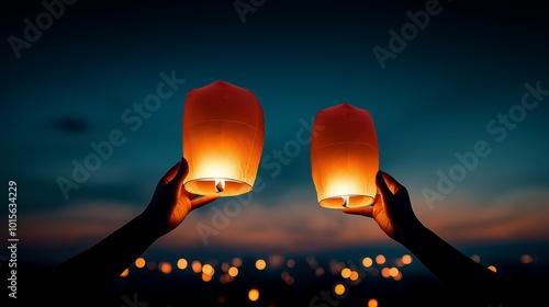 Two Lanterns Released Together into the Night Sky During Festive Diwali and New Year Celebration photo