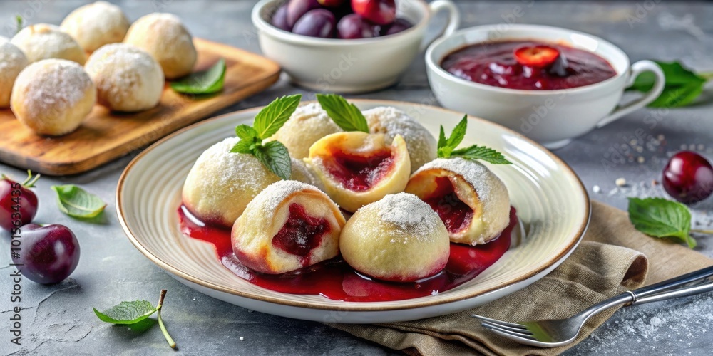 Dumplings filled with plums, served with plum sauce and sprinkled with cream and sugar, dumplings, plum, sauce, cream, sugar Dumplings filled with plums, served with plum sauce and sprinkled with cream and sugar, dumplings, plum, sauce, cream, sugar