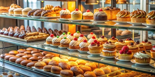 Assorted freshly baked pastries and cakes in a glass display case, bakery, desserts, sweets, selection