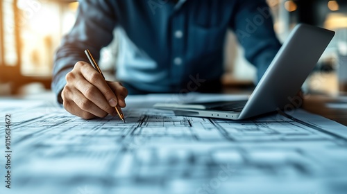 Engineers using laptops and reviewing blueprints, highlighting the collaborative nature of modern technical workspaces.