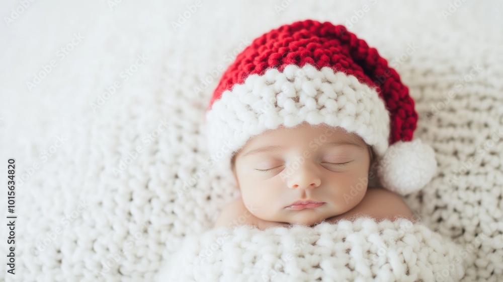 A sweet newborn sleeps soundly, adorned with a festive Santa hat on a plush white blanket, perfect for celebrating the holidays A sweet newborn sleeps soundly, adorned with a festive Santa hat on a plush white blanket, perfect for celebrating the holidays