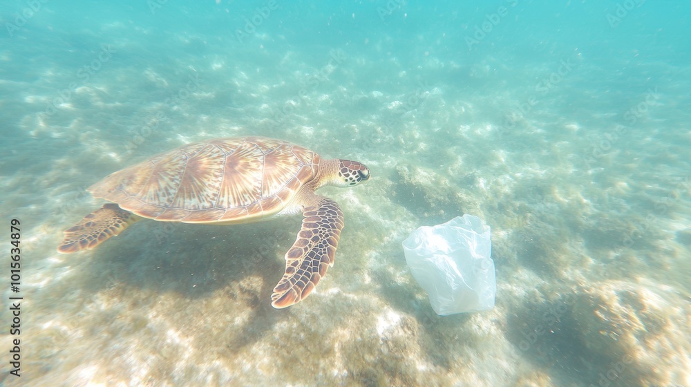 Obraz premium A sea turtle glides gracefully through the ocean while approaching a plastic bag, highlighting marine pollution issues
