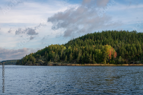 Lake Ladoga near the village Lumivaara on a sunny autumn day, Ladoga skerries, Lakhdenpokhya, Republic of Karelia, Russia