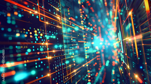 Futuristic Digital Network with Glowing Lines and Data