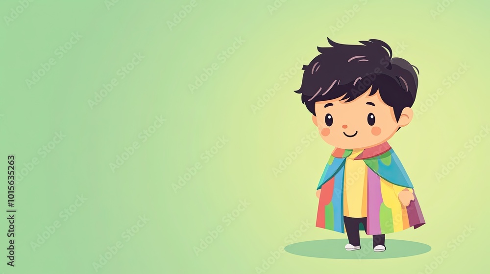 A cartoon boy with short black hair wearing a rainbow cape and smiling A cartoon boy with short black hair wearing a rainbow cape and smiling