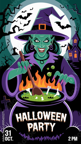 Witch stirring a cauldron at a spooky Halloween party.