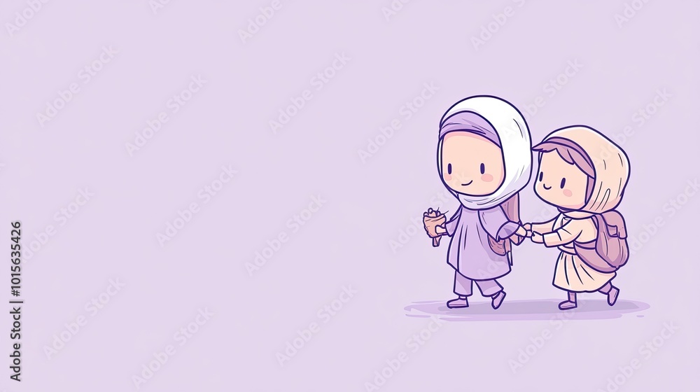 Two cartoon girls wearing hijabs walking hand-in-hand Two cartoon girls wearing hijabs walking hand-in-hand