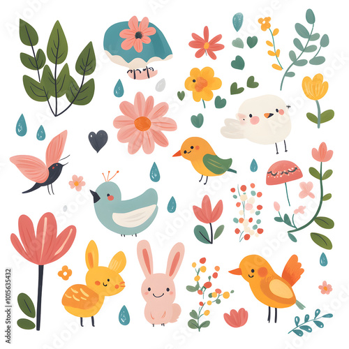 a set of spring season journal stickers featuring vibrant, cheerful elements like blooming flowers (tulips, daisies, cherry blossoms), butterflies, buzzin