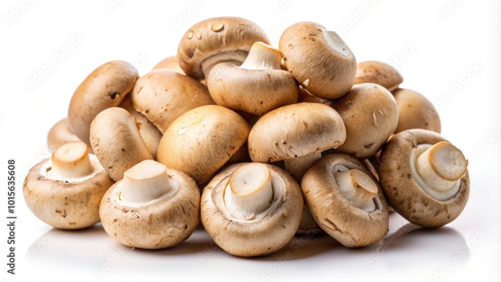 Raw button mushrooms on a bright white background, vegan protein, champignon, button mushrooms, raw, bright background Raw button mushrooms on a bright white background, vegan protein, champignon, button mushrooms, raw, bright background