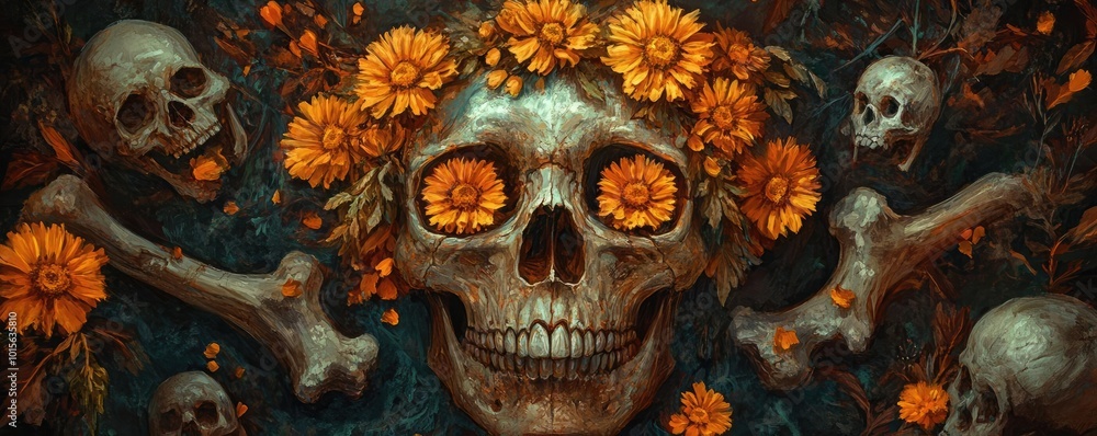 A striking illustration of a skull adorned with vibrant flowers, surrounded by bones, symbolizing the cycle of life and death. A striking illustration of a skull adorned with vibrant flowers, surrounded by bones, symbolizing the cycle of life and death.