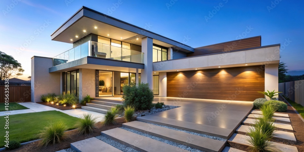 Fototapeta premium Modern house exterior at dusk with illuminated pathway, modern, house, exterior, dusk, illuminated, pathway, home