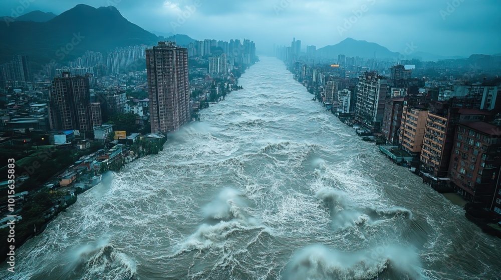 Floodwaters engulf a coastal city due to rising sea levels, a clear ...