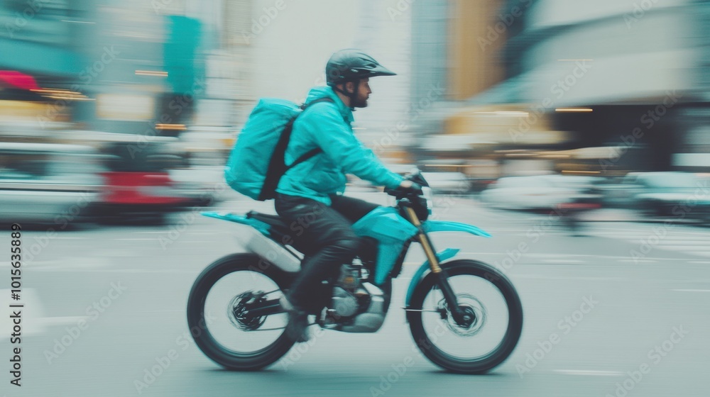 A courier speeds through crowded city streets, delivering parcels with efficiency while wearing a bright teal jacket and backpack A courier speeds through crowded city streets, delivering parcels with efficiency while wearing a bright teal jacket and backpack