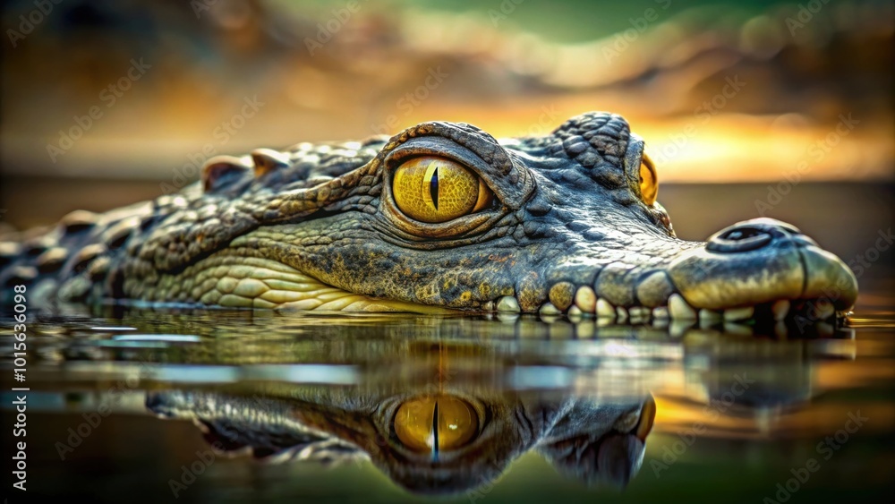 Fototapeta premium A menacing crocodile lurking beneath the water surface, with only its yellow eyes visible, wildlife, predator