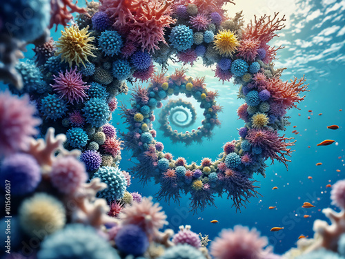 Colorful coral formations create a mesmerizing spiral pattern underwater with sunlight filtering through the clear ocean water