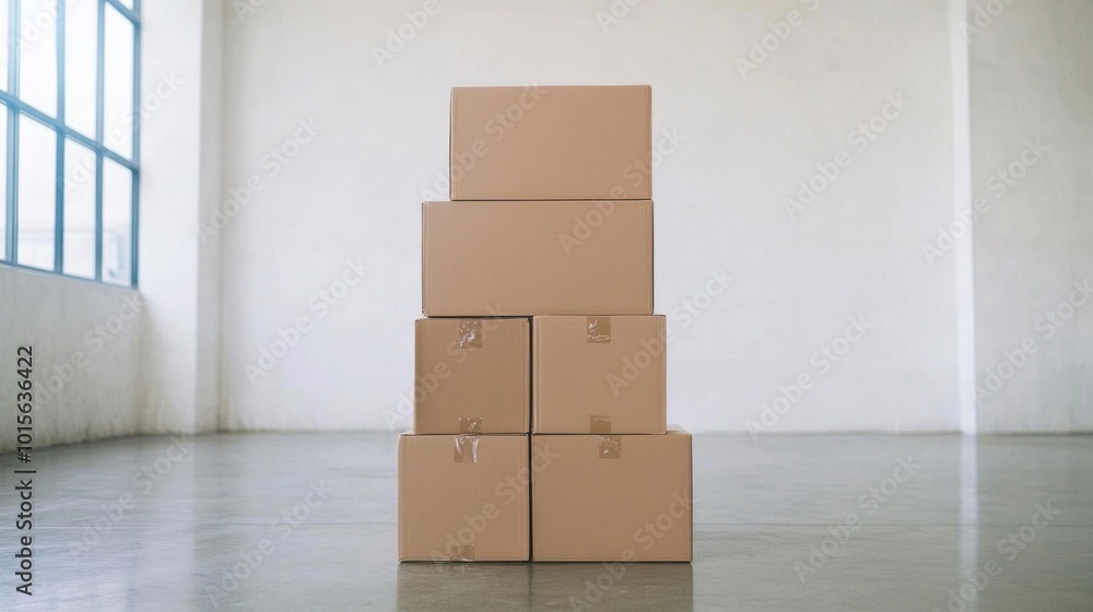 Five stacked cardboard boxes sit in an empty room with a concrete floor and large windows that let in sunlight Five stacked cardboard boxes sit in an empty room with a concrete floor and large windows that let in sunlight