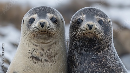 Fur seals rest near a historic site, remnants of the whaling era, illustrating environmental changes. photo