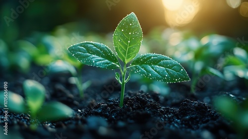 Futuristic smart technology meets agriculture, with blurred green leaves symbolizing sustainable energy and IoT integration.