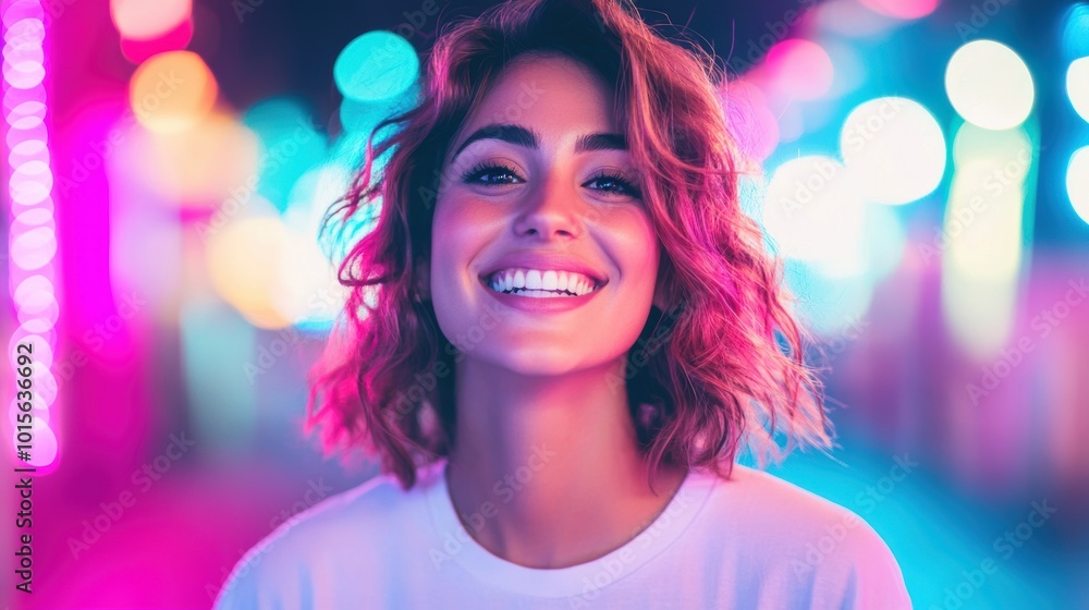 A cheerful woman wearing a white t-shirt beams with happiness while surrounded by dazzling bokeh lights in a lively evening atmosphere A cheerful woman wearing a white t-shirt beams with happiness while surrounded by dazzling bokeh lights in a lively evening atmosphere