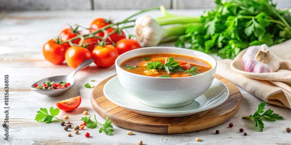 Fresh vegetable soup with herbs in white bowl on light background, fresh, vegetable, soup, herbs, bowl, light Fresh vegetable soup with herbs in white bowl on light background, fresh, vegetable, soup, herbs, bowl, light