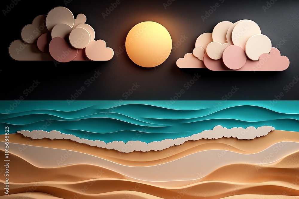 Minimalist beach landscape at sunset, with clean lines and soft pastel colors representing the sand, sea, and sky Minimalist beach landscape at sunset, with clean lines and soft pastel colors representing the sand, sea, and sky