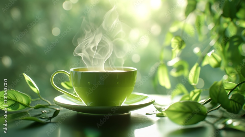 A vibrant green teacup with steam rising from it is set among lush green leaves, creating a soothing and tranquil atmosphere. The soft sunlight and natural greenery make this image ideal for concepts A vibrant green teacup with steam rising from it is set among lush green leaves, creating a soothing and tranquil atmosphere. The soft sunlight and natural greenery make this image ideal for concepts