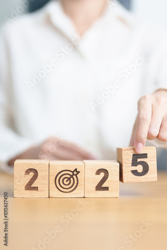 2025 year block with dartboard icon. Goal, Target, Resolution, strategy, plan, Action, mission, motivation, and New Year start concepts