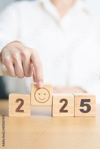 Happy New Year 2025 with Smile block. Satisfaction, feedback, Review, mental health, eco sustainable and good concept