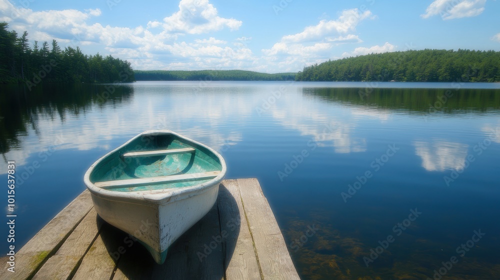 A tranquil dock extends over a serene lake, with a single rowboat resting gently, reflecting the clear blue sky and nearby trees A tranquil dock extends over a serene lake, with a single rowboat resting gently, reflecting the clear blue sky and nearby trees