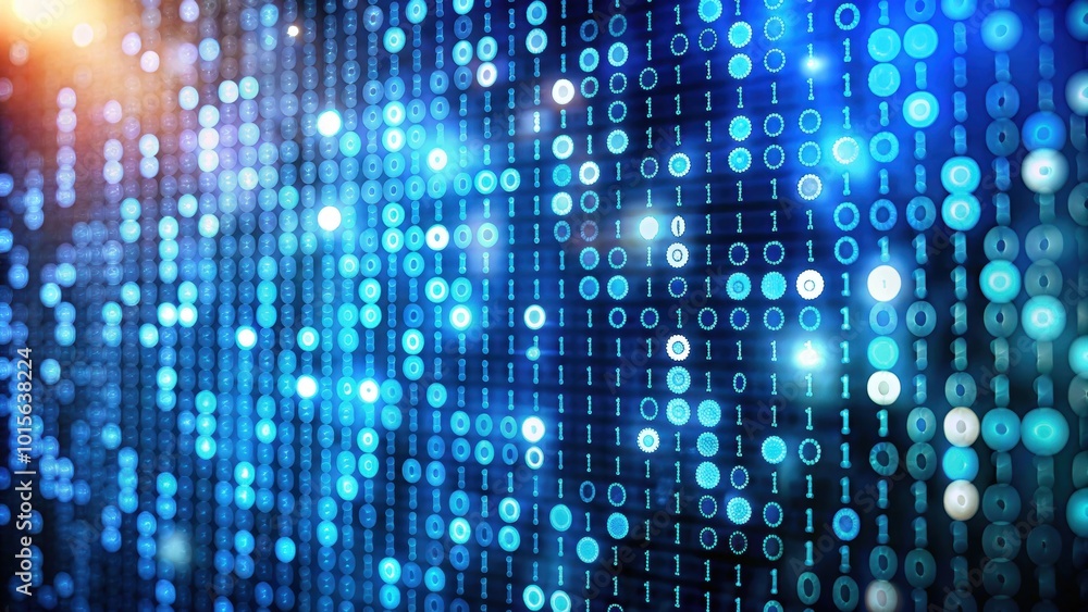 Obraz premium Binary code concept with zeros and ones on screen in a bokeh background, binary, code, concept, zeros, ones, screen