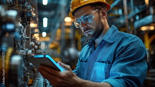 In a dimly lit factory, a male engineer works on a glowing digital tablet, navigating complex industrial processes.