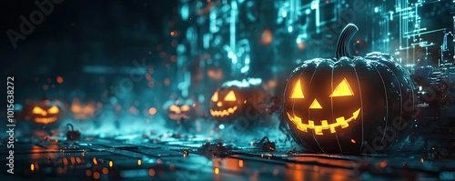 Wallpaper Mural A futuristic Halloween scene with glowing pumpkins amidst a digital landscape, blending tradition with technology. Torontodigital.ca