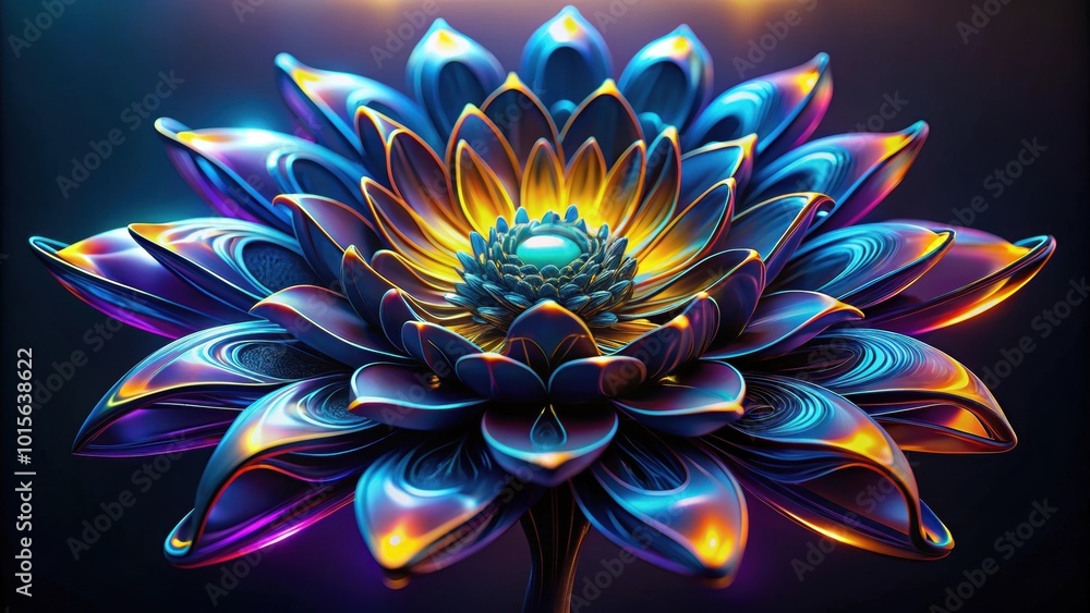 Abstract render of surreal alien flower in black rubber material with neon glowing yellow, blue, and purple parts , abstract Abstract render of surreal alien flower in black rubber material with neon glowing yellow, blue, and purple parts , abstract