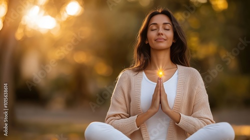 Woman meditating outdoors with glowing chakra energy, promoting spiritual balance