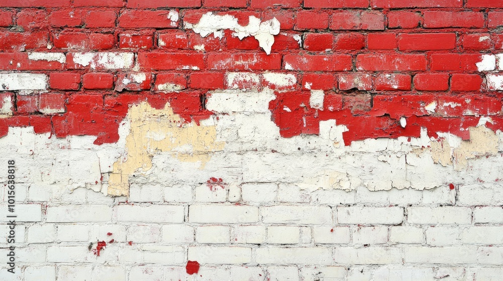 A red brick wall with white paint peeling off, creating a distressed and textured surface. A red brick wall with white paint peeling off, creating a distressed and textured surface.