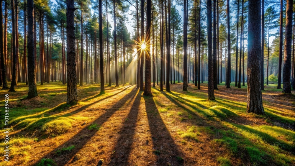 Fototapeta premium Sunlight filtering through tall pines