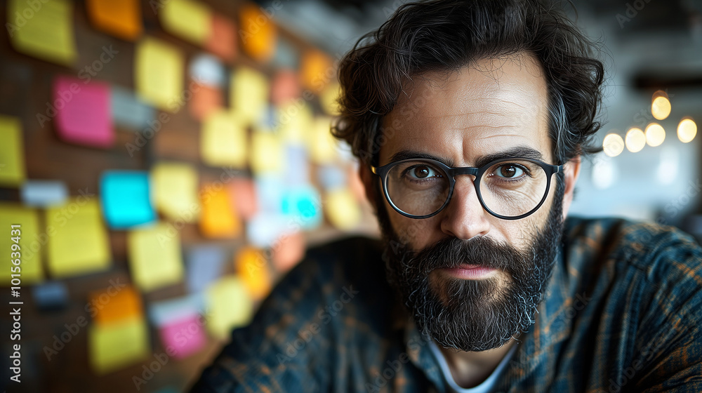 Portrait of a male project manager wearing glasses with sticky notes in the background working in an intense and stressful environment Portrait of a male project manager wearing glasses with sticky notes in the background working in an intense and stressful environment