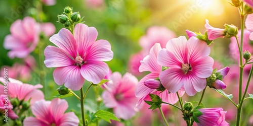 Pink flowers of musk-mallow in a serene naturalistic garden, musk mallow, Malva moschata, pink flowers, garden, nature