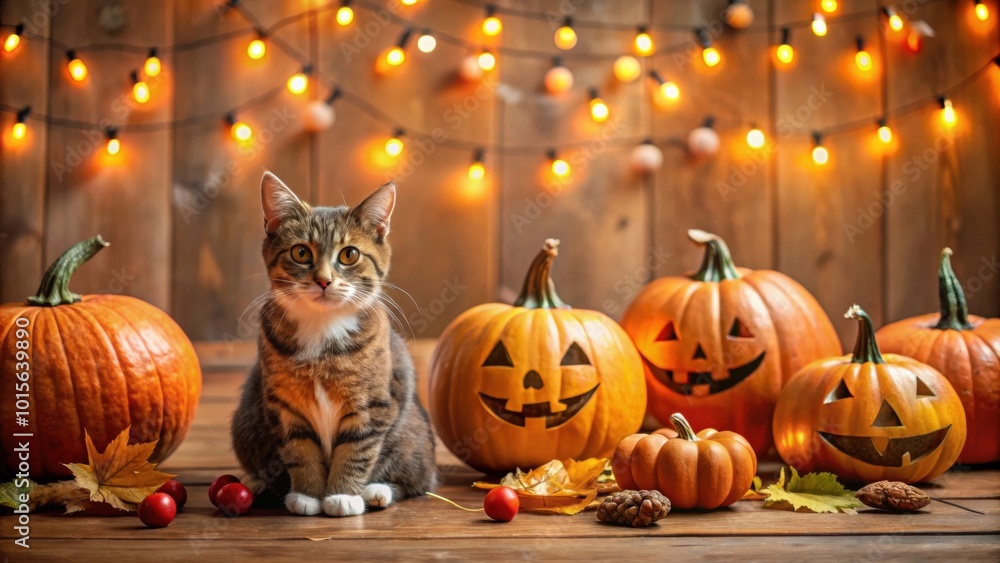 Fototapeta premium Festive Halloween celebration with pumpkins and playful cat decorations in a whimsical setting, Halloween, festive