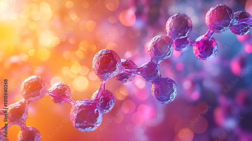 Abstract 3D illustration of a molecular chain with colorful bokeh background. Abstract 3D illustration of a molecular chain with colorful bokeh background.