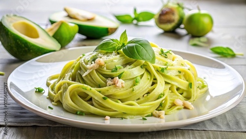 Creamy avocado pasta with parmesan cheese and basil garnish on a white plate, food, gourmet, high-end, recipe, avocado