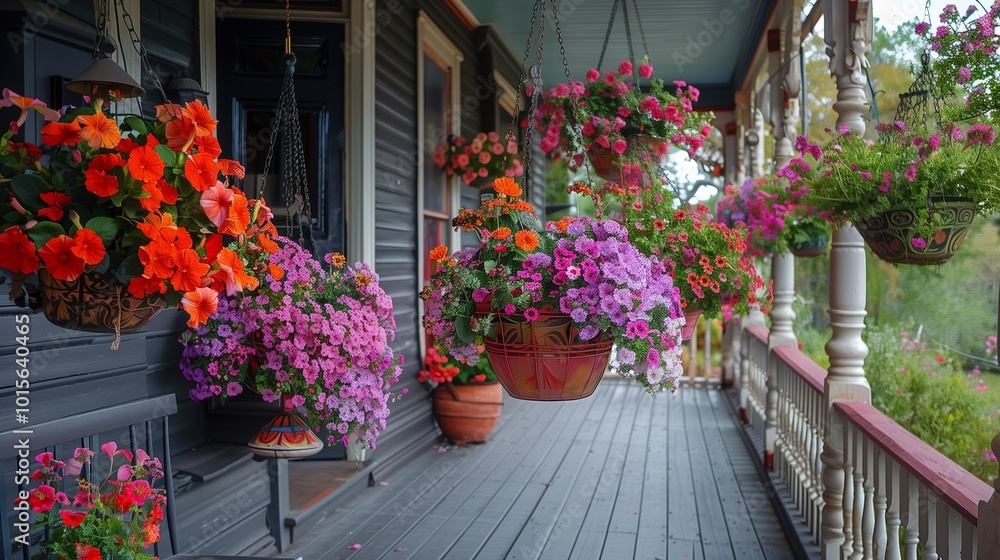 Fototapeta premium A Victorian porch with overflowing flower baskets in spring