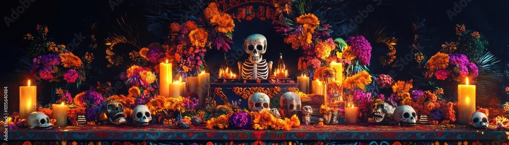 A vibrant altar adorned with marigolds, candles, and skulls, celebrating the Day of the Dead tradition. A vibrant altar adorned with marigolds, candles, and skulls, celebrating the Day of the Dead tradition.